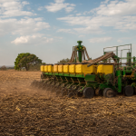 Máquina agrícola realizando plantio de soja em área rural de Mato Grosso, sem textos ou placas visíveis.