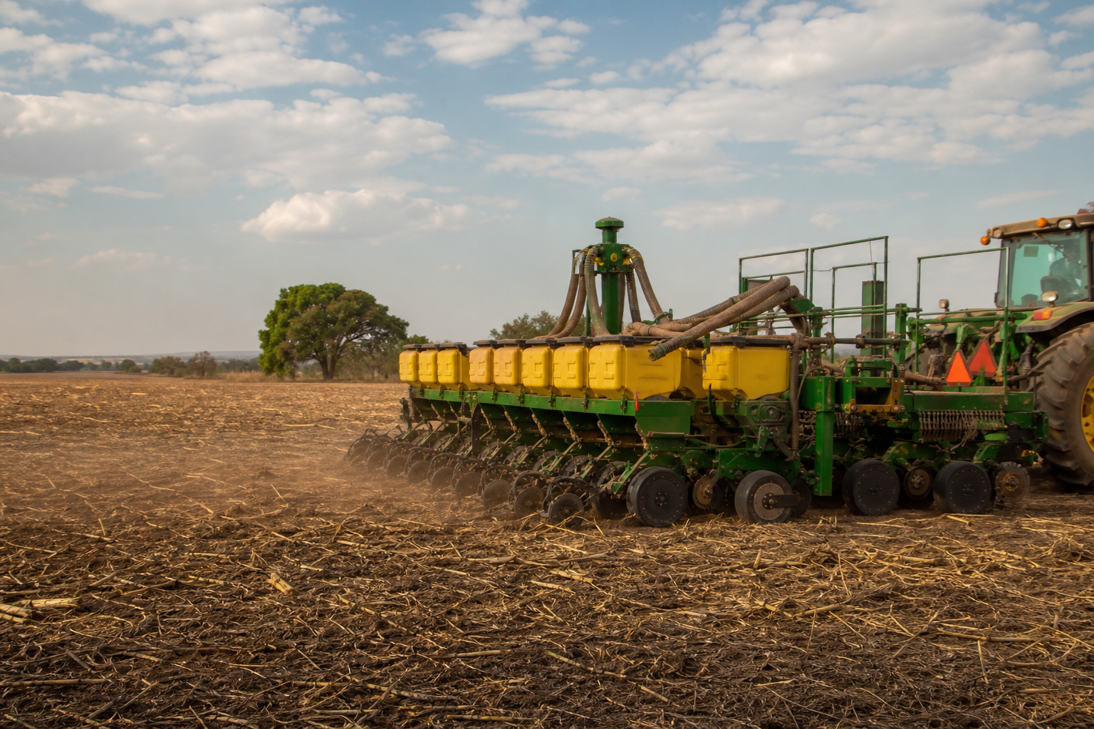 Máquina agrícola realizando plantio de soja em área rural de Mato Grosso, sem textos ou placas visíveis.