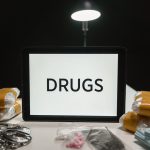 Drogas, dinheiro e algemas sobre uma mesa sob iluminação intensa.